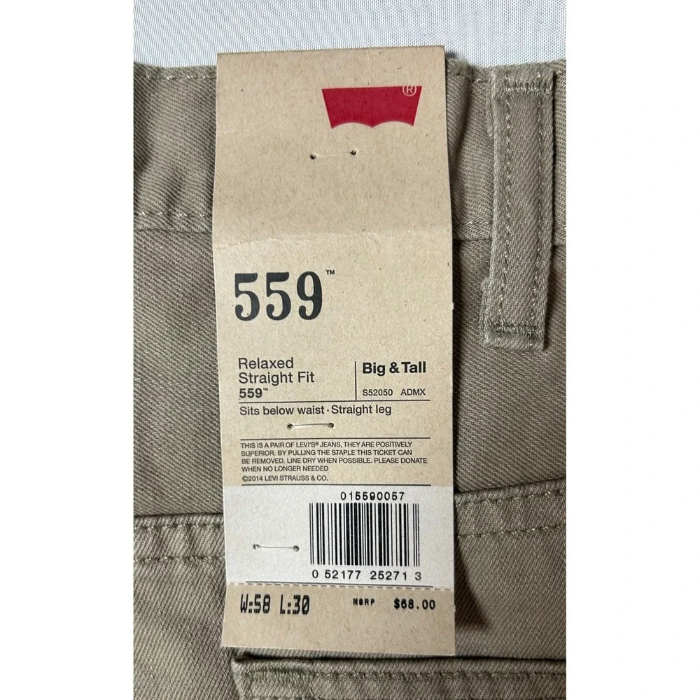 Levis 559 Relaxed Straight Fit Mens Jeans Khaki Tan Big and Tall 58x30 NWT
